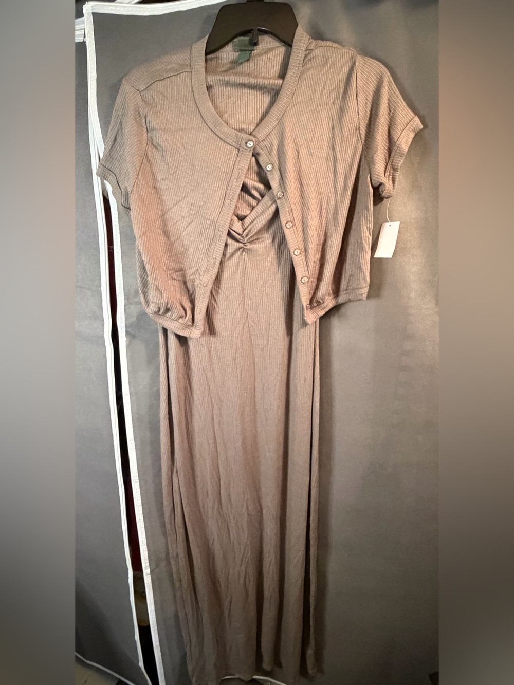 wild fable Gray Ribbed Maxi Dress with Button Up Short Sleeve Cardigan